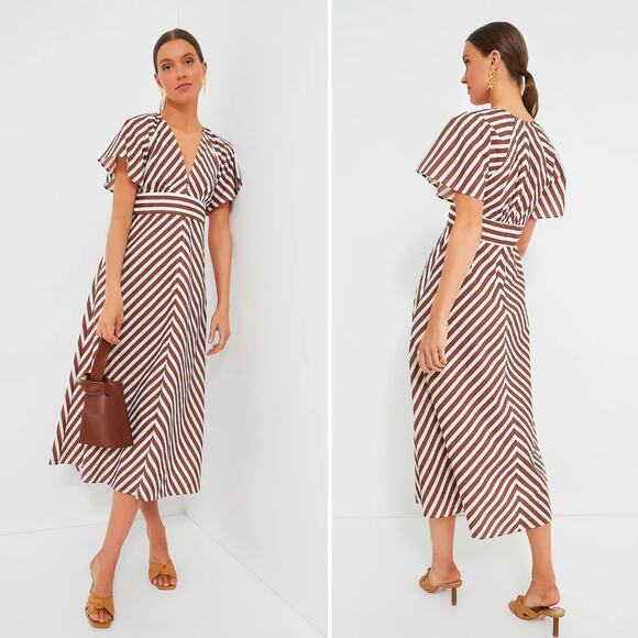 NEW Oroton Dress‎ Striped V-Neck Flutter Sleeve Midi Dress Brown White Size 8 - Picture 6 of 10